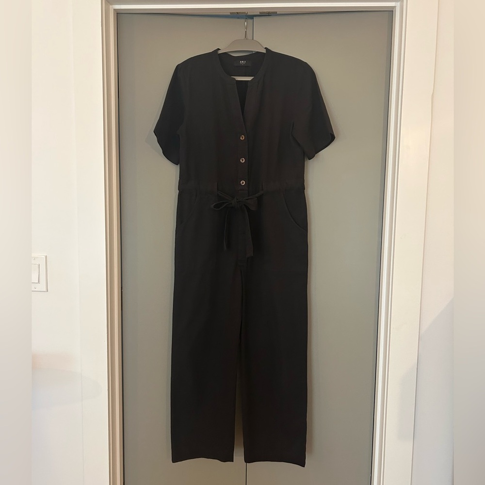 Able split-neck Shirley short-sleeve utility jumpsuit in black - 100% cotton